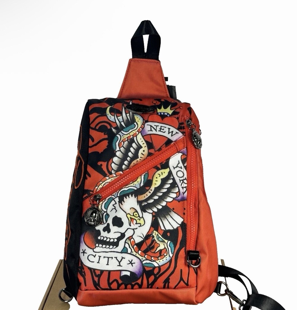 Ed Hardy Sling Backpack Unisex Red Black New York City Skull Eagle Tattoo NWT